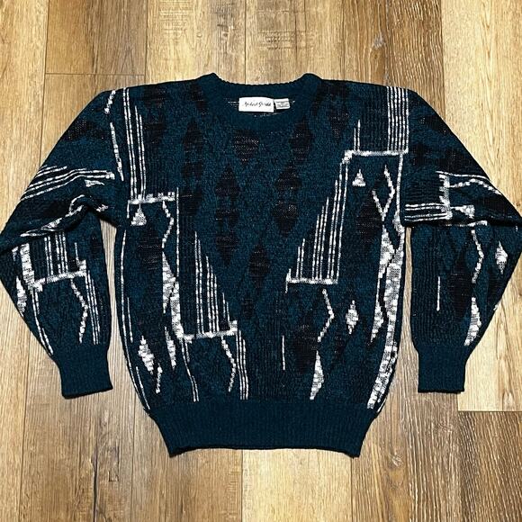 Vtg 90s Michael Gerald Abstract Sweater Mens M Blue White Geometric Grandpa Dad - Picture 1 of 6